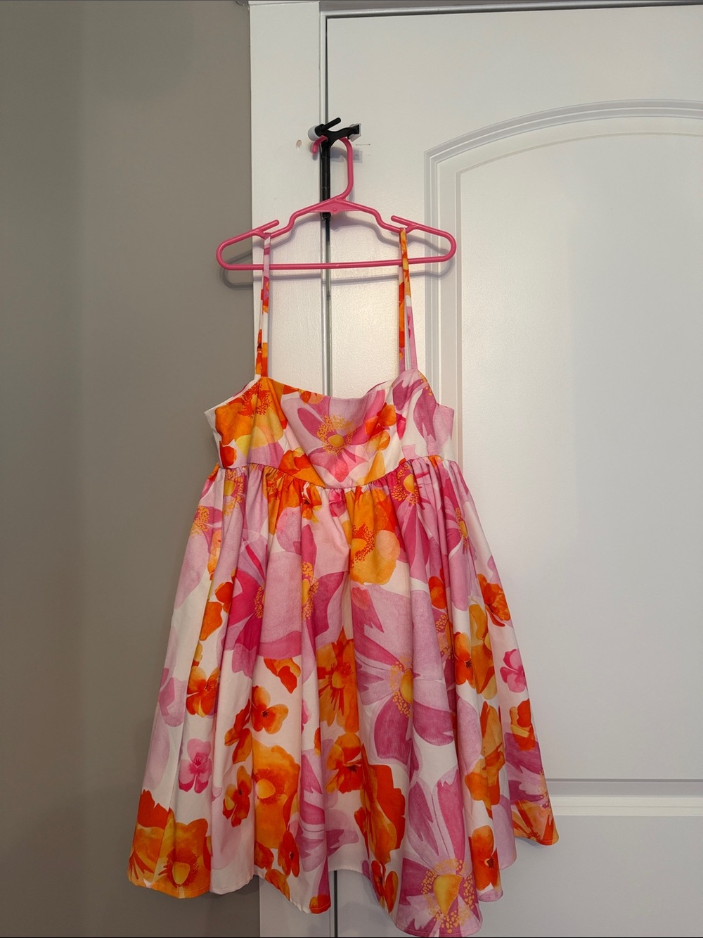 Floral Spaghetti-Strap Mini Dress in Pink & Orange